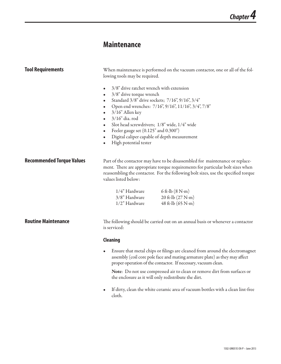 1502-um051_chapter 4_june2013, Maintenance, Chapter | Rockwell Automation 1502 Medium Voltage Contactor, 800A (Series D and E) User Manual | Page 30 / 58