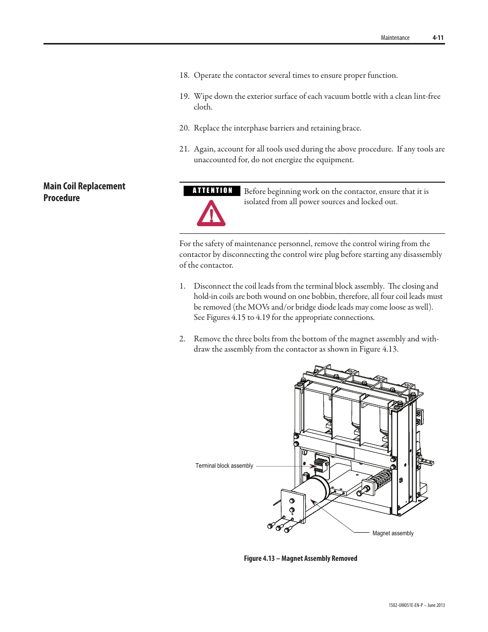 Main coil replacement procedure | Rockwell Automation 1502 Medium Voltage Contactor, 800A (Series D and E) User Manual | Page 40 / 58