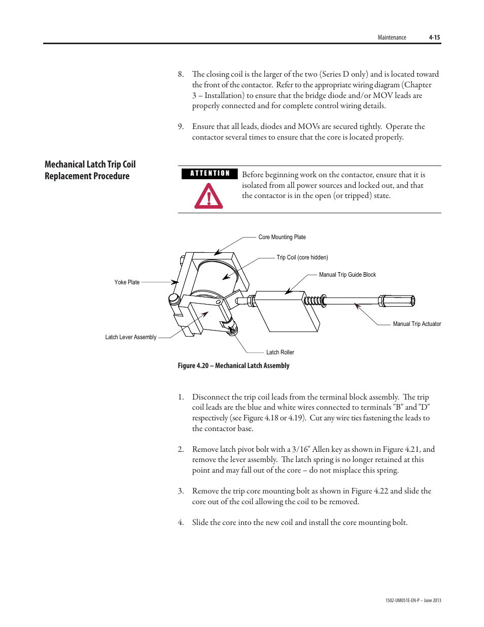 Mechanical latch trip coil replacement procedure | Rockwell Automation 1502 Medium Voltage Contactor, 800A (Series D and E) User Manual | Page 44 / 58