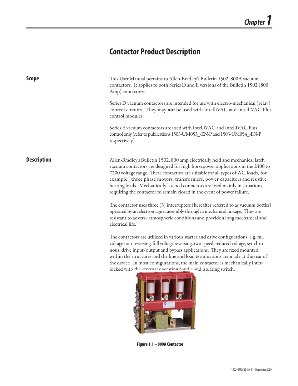 1502-um051_chapter 1_june2013, Contactor product description, Chapter | Rockwell Automation 1502 Medium Voltage Contactor, 800A (Series D and E) User Manual | Page 5 / 58