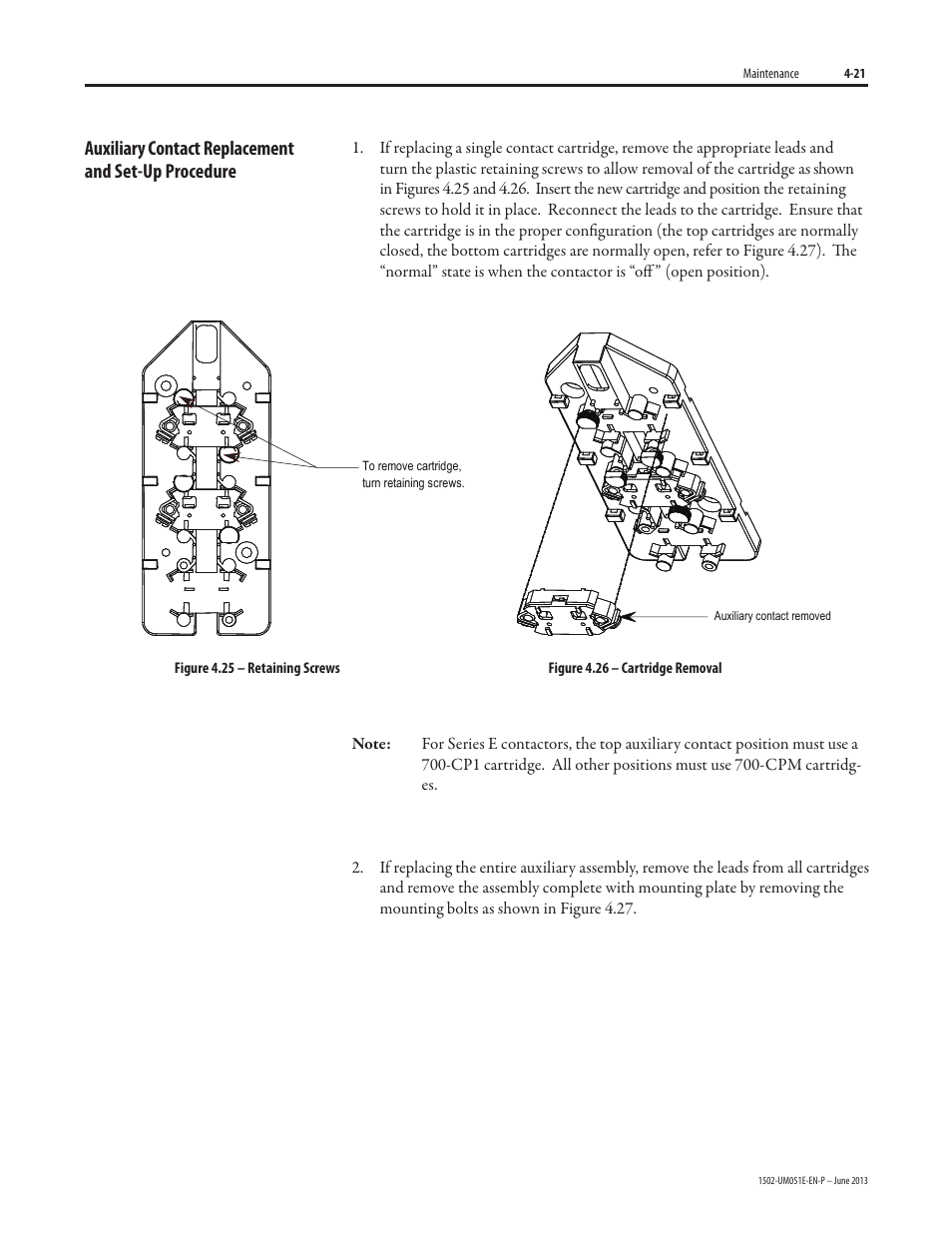 Auxiliary contact replacement and set-up procedure | Rockwell Automation 1502 Medium Voltage Contactor, 800A (Series D and E) User Manual | Page 50 / 58