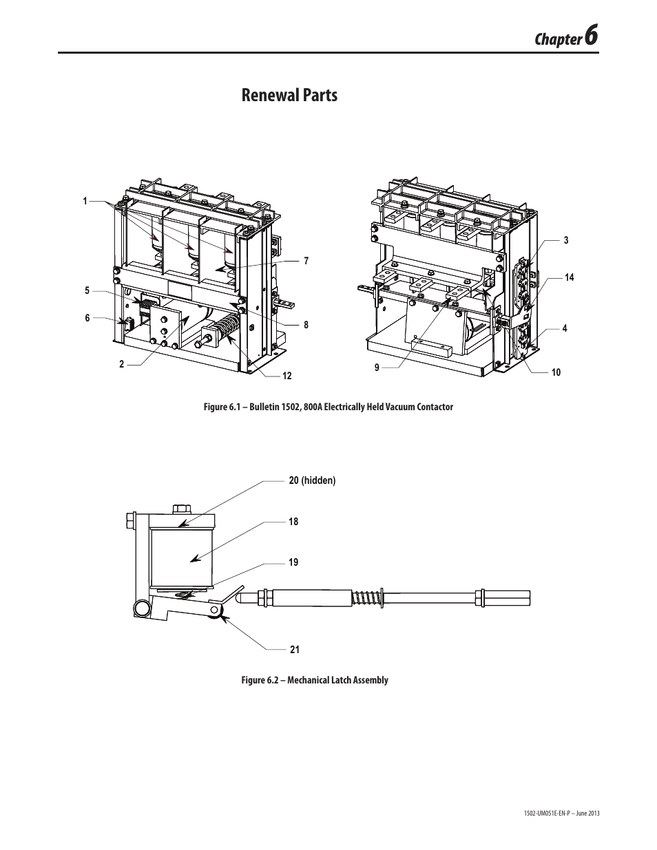 1502-um051_chapter 6_june2013, Renewal parts, Chapter | Rockwell Automation 1502 Medium Voltage Contactor, 800A (Series D and E) User Manual | Page 56 / 58