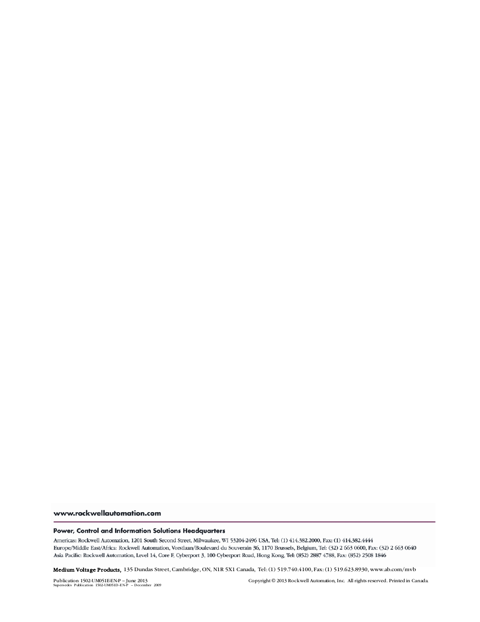 Back cover_june2013 | Rockwell Automation 1502 Medium Voltage Contactor, 800A (Series D and E) User Manual | Page 58 / 58