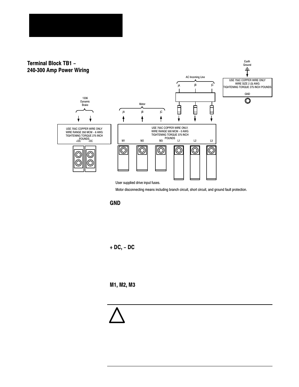 Dc, - dc, M1, m2, m3, Connect the motor leads to these terminals | Rockwell Automation 1336VT 5-300 AMP (2.2-160KW) User Manual | Page 58 / 118