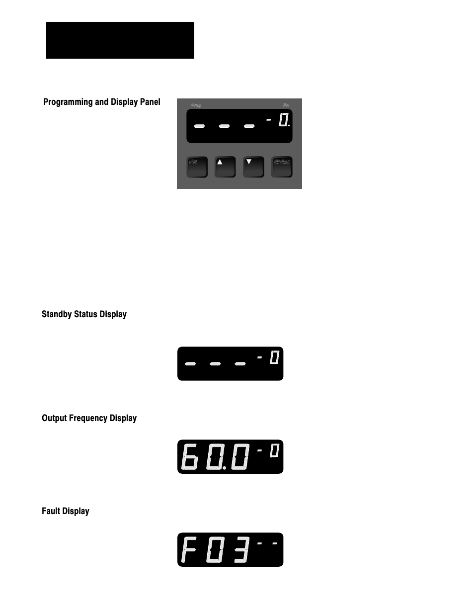 Programming and display panel, Standby status display, Output frequency display | Fault display | Rockwell Automation 1336VT 5-300 AMP (2.2-160KW) User Manual | Page 71 / 118