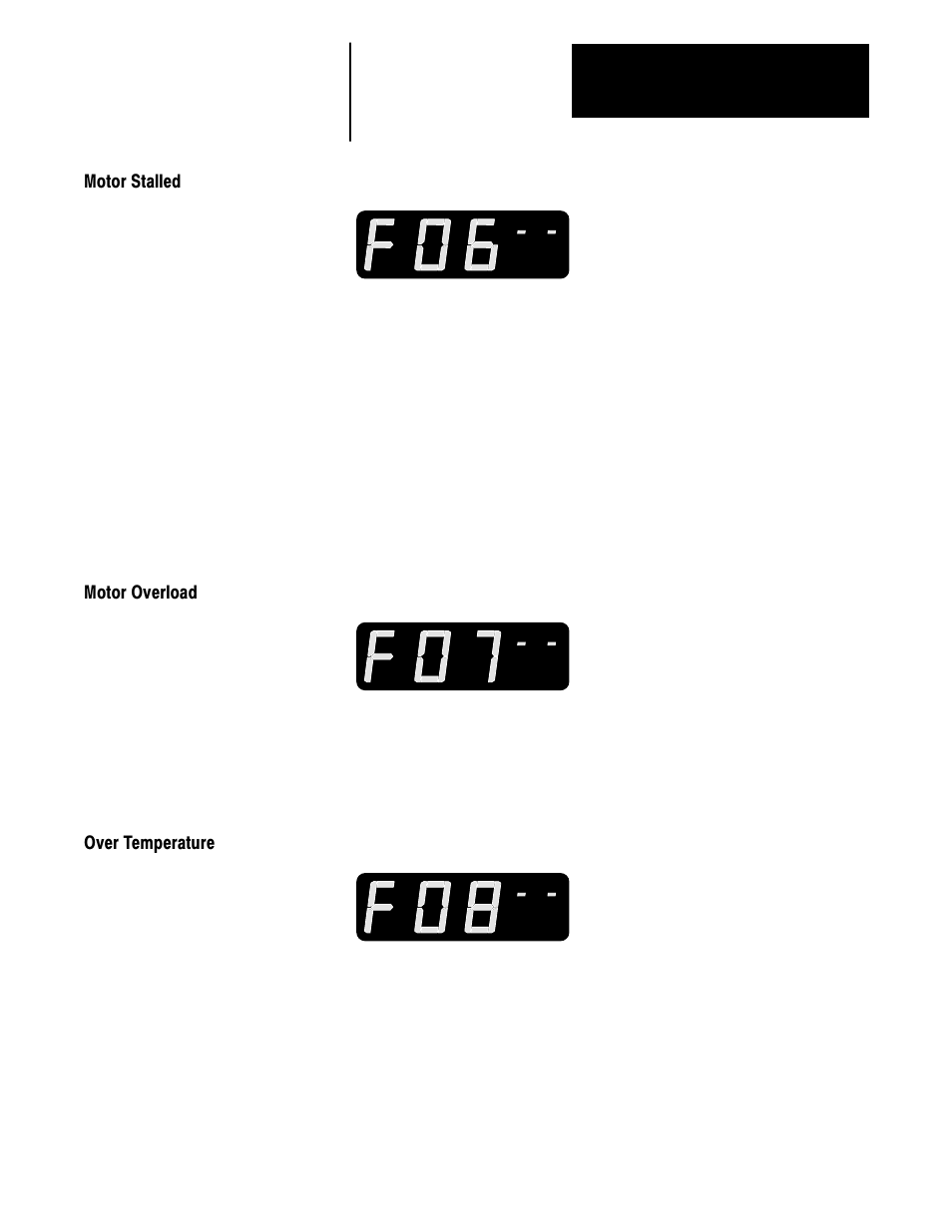 Motor stalled, Motor overload, Over temperature | Rockwell Automation 1336VT 5-300 AMP (2.2-160KW) User Manual | Page 91 / 118