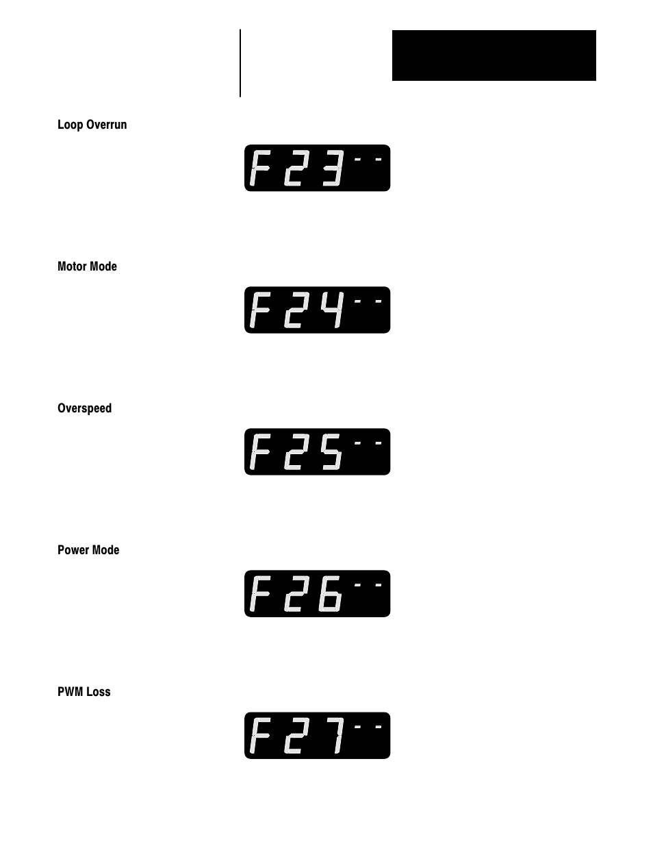 Loop overrun, Motor mode, Overspeed | Power mode, Pwm loss | Rockwell Automation 1336VT 5-300 AMP (2.2-160KW) User Manual | Page 95 / 118