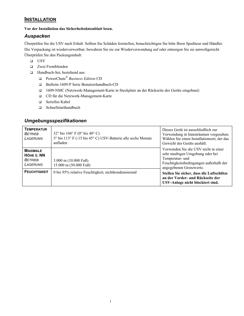 2699-de.pdf, Auspacken, Umgebungsspezifikationen | Rockwell Automation 1609-P10000E Quick Start Guide for 8000 / 10000 VA Uninterruptible Power Supply User Manual | Page 10 / 48