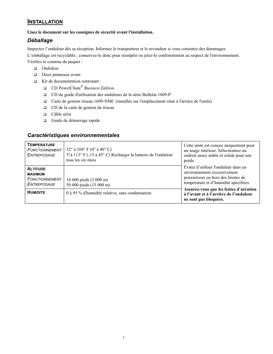 2699-fr.pdf, Déballage, Caractéristiques environnementales | Rockwell Automation 1609-P10000E Quick Start Guide for 8000 / 10000 VA Uninterruptible Power Supply User Manual | Page 18 / 48