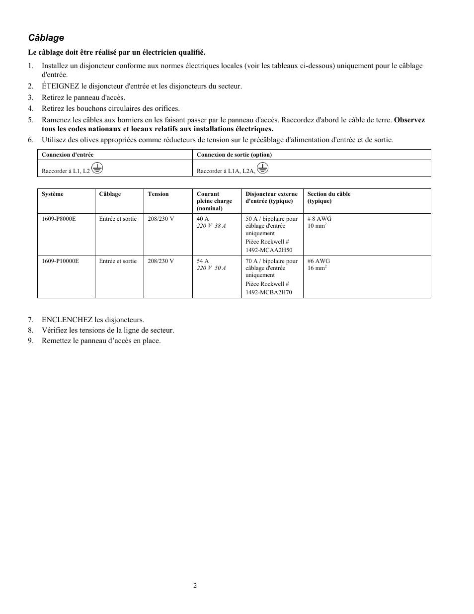 Câblage | Rockwell Automation 1609-P10000E Quick Start Guide for 8000 / 10000 VA Uninterruptible Power Supply User Manual | Page 19 / 48