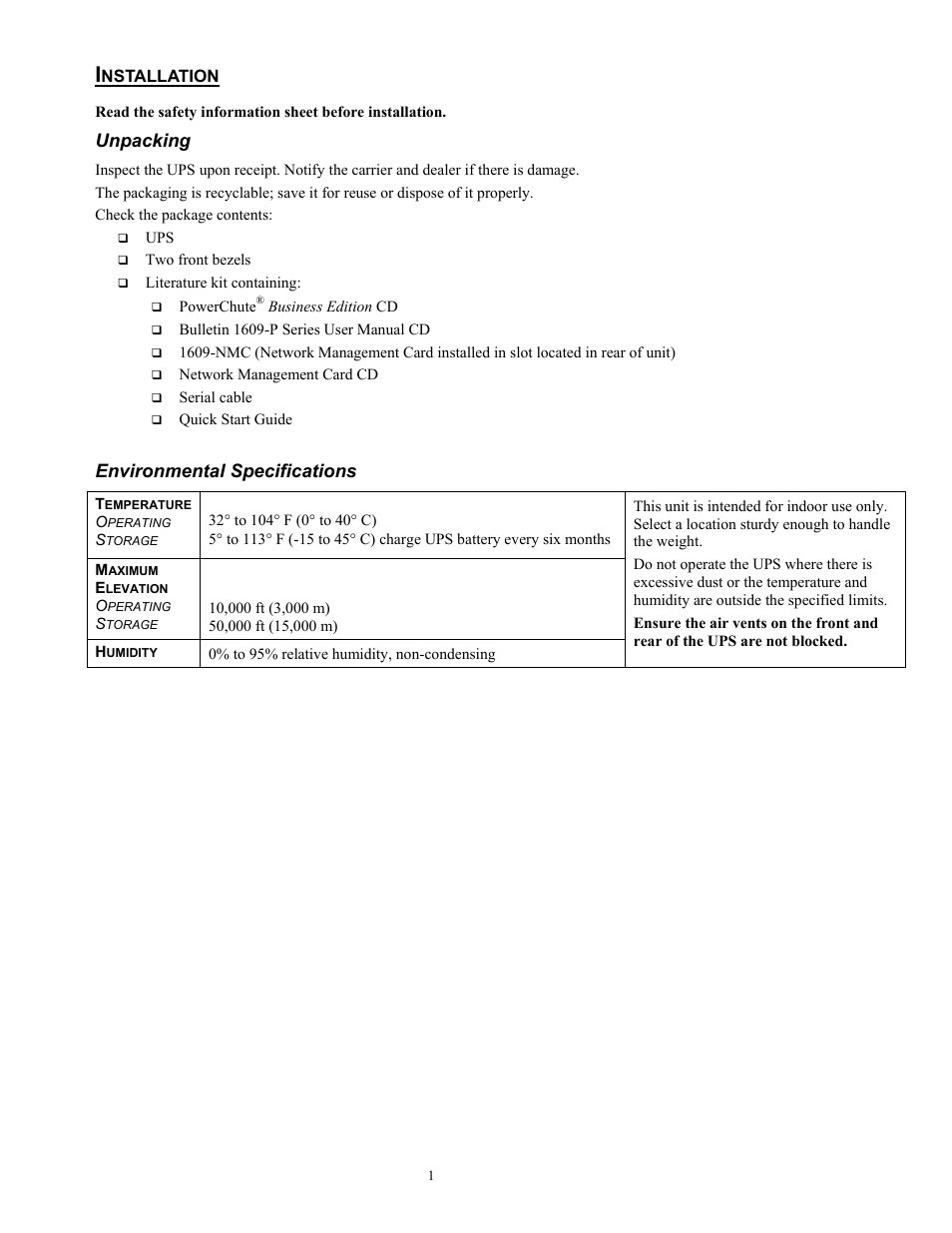 2699-en.pdf, Unpacking, Environmental specifications | Rockwell Automation 1609-P10000E Quick Start Guide for 8000 / 10000 VA Uninterruptible Power Supply User Manual | Page 2 / 48