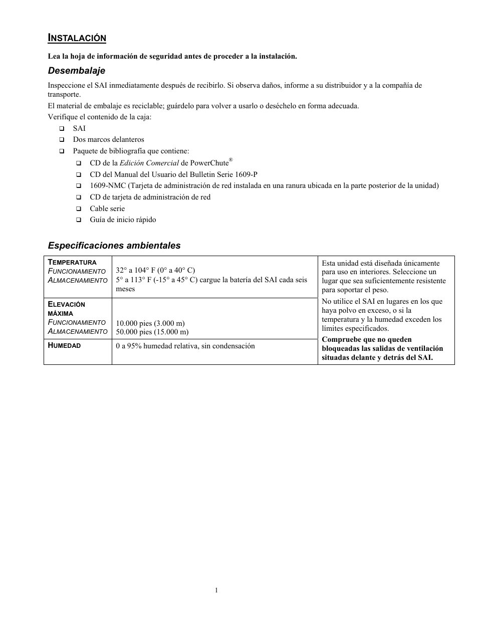 2699-es.pdf, Desembalaje, Especificaciones ambientales | Rockwell Automation 1609-P10000E Quick Start Guide for 8000 / 10000 VA Uninterruptible Power Supply User Manual | Page 26 / 48