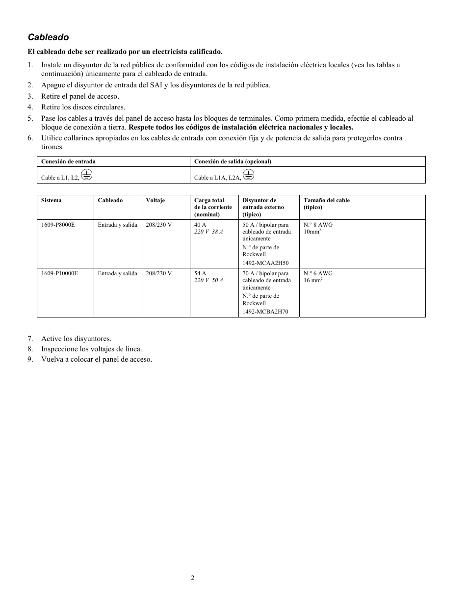 Cableado | Rockwell Automation 1609-P10000E Quick Start Guide for 8000 / 10000 VA Uninterruptible Power Supply User Manual | Page 27 / 48