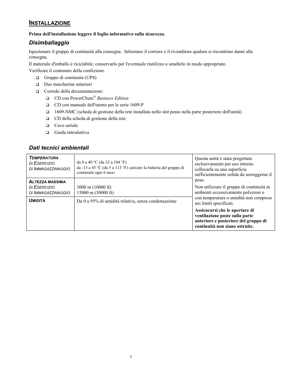 2699-it.pdf, Disimballaggio, Dati tecnici ambientali | Rockwell Automation 1609-P10000E Quick Start Guide for 8000 / 10000 VA Uninterruptible Power Supply User Manual | Page 34 / 48