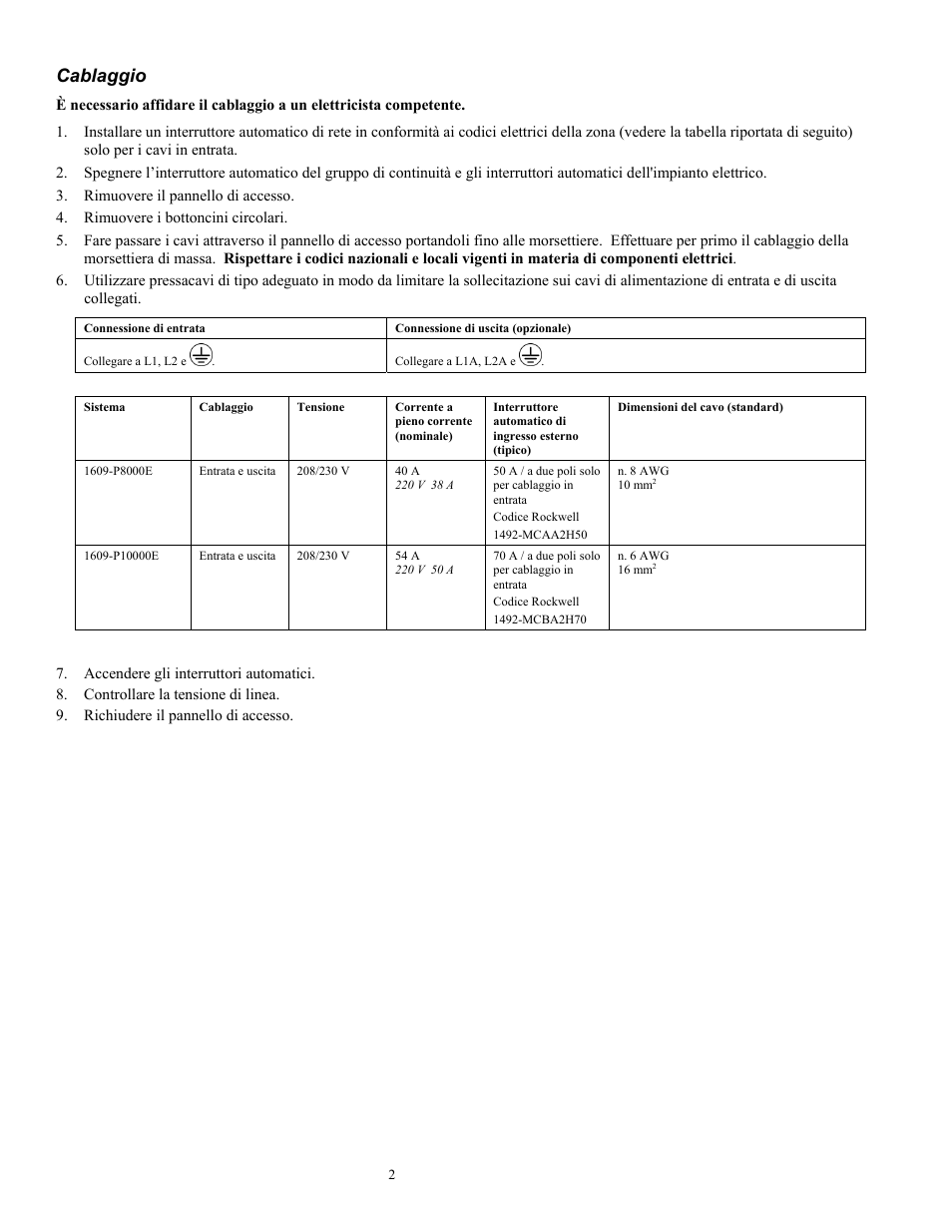 Cablaggio | Rockwell Automation 1609-P10000E Quick Start Guide for 8000 / 10000 VA Uninterruptible Power Supply User Manual | Page 35 / 48