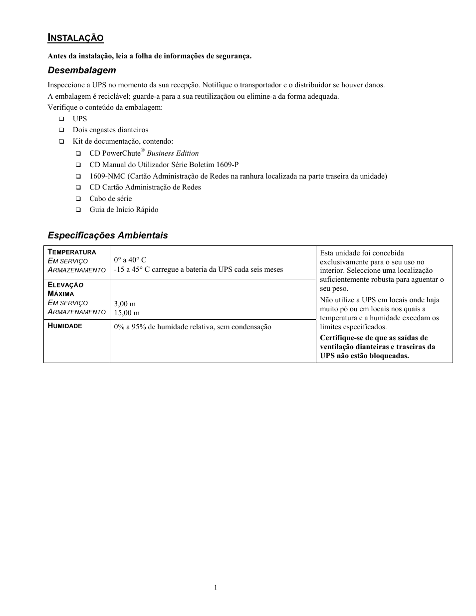 2699-pt.pdf, Desembalagem, Especificações ambientais | Rockwell Automation 1609-P10000E Quick Start Guide for 8000 / 10000 VA Uninterruptible Power Supply User Manual | Page 42 / 48