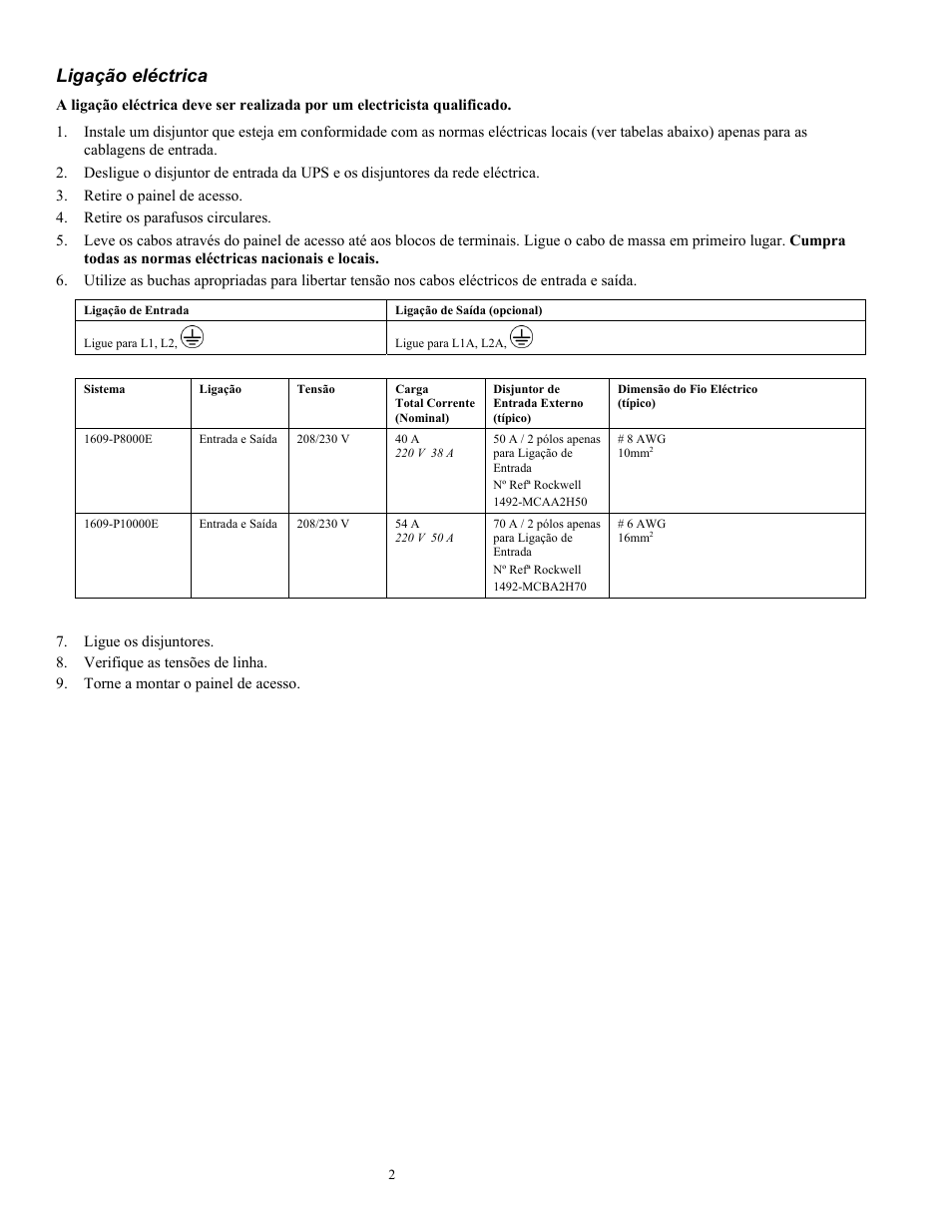 Ligação eléctrica | Rockwell Automation 1609-P10000E Quick Start Guide for 8000 / 10000 VA Uninterruptible Power Supply User Manual | Page 43 / 48