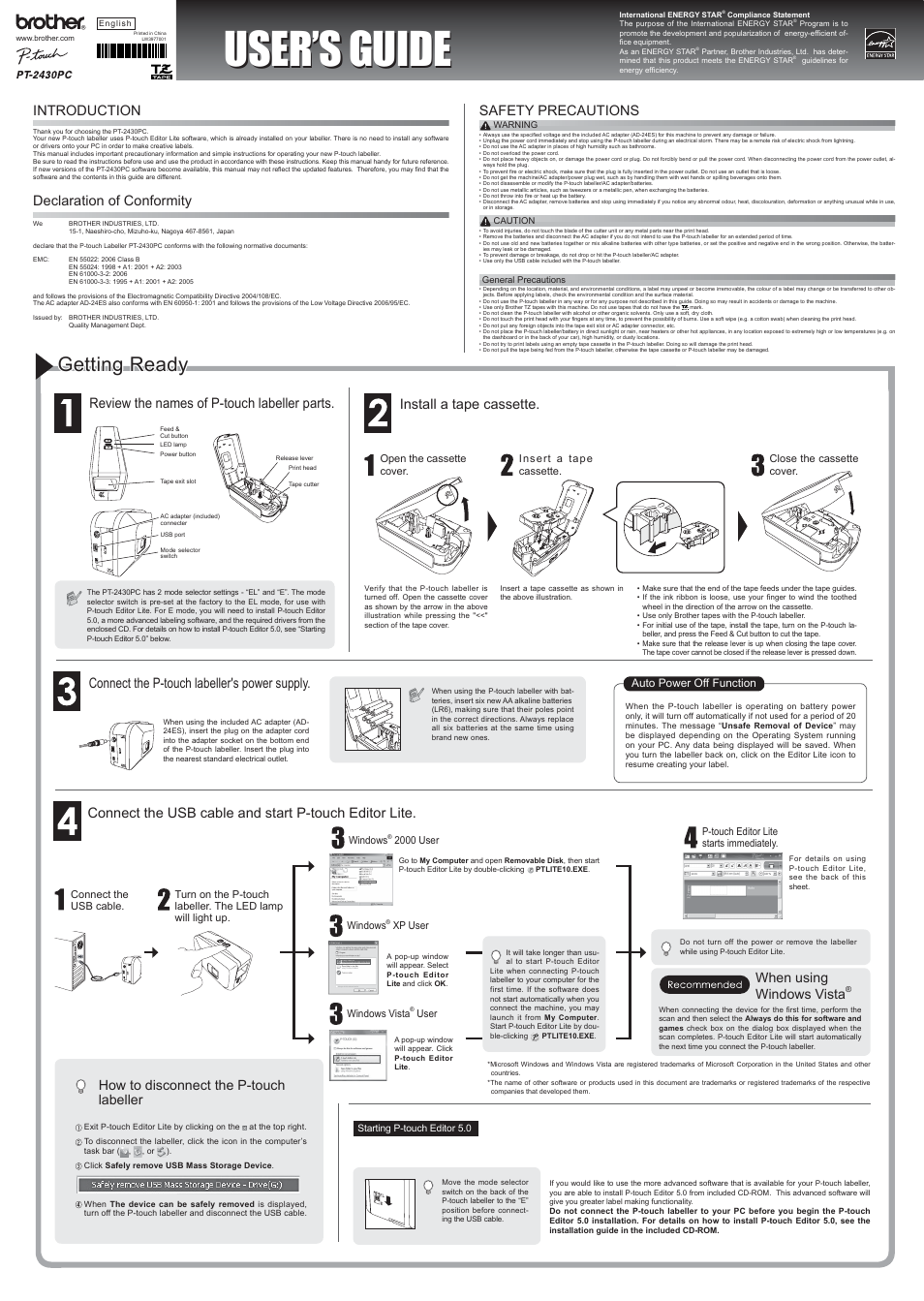 Brother P-Touch PT-2430PC User Manual | 2 pages