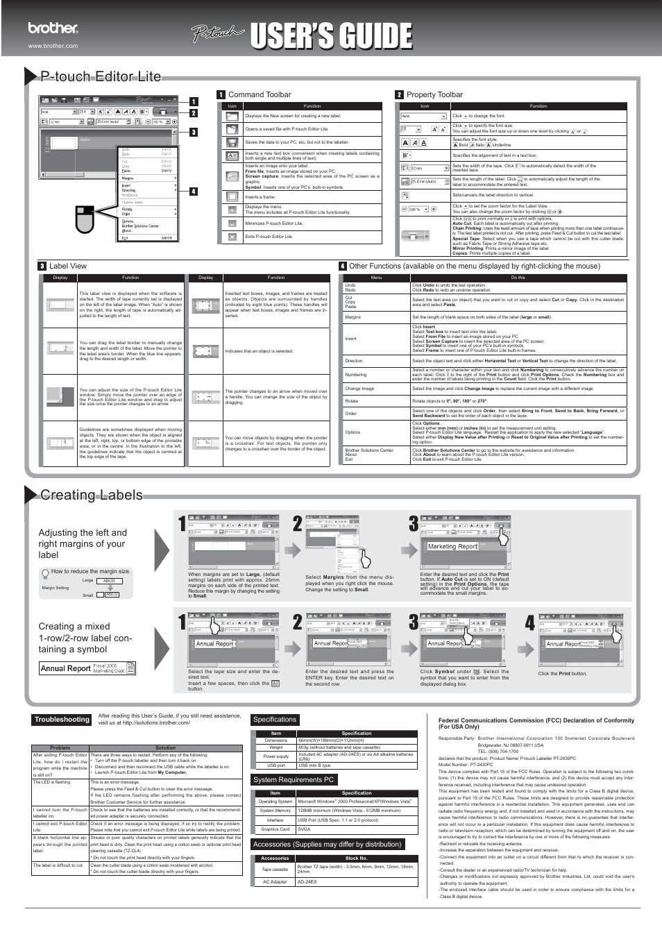 User’s guide, P-touch editor lite creating labels, Adjusting the left and right margins of your label | Command toolbar property toolbar | Brother P-Touch PT-2430PC User Manual | Page 2 / 2