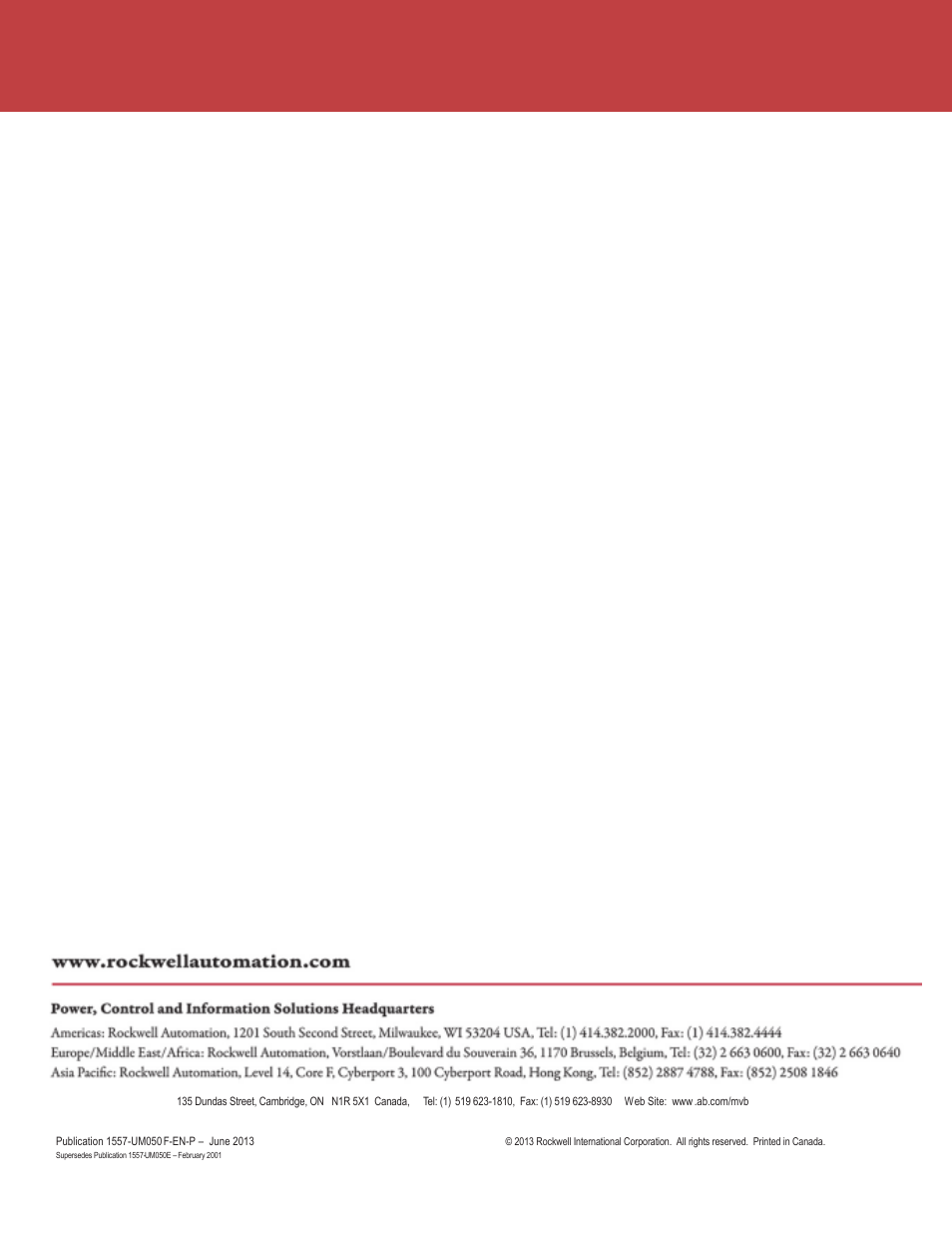 Back cover | Rockwell Automation 1557 MEDIUM VOLTAGE AC DRIVE User Manual | Page 306 / 306