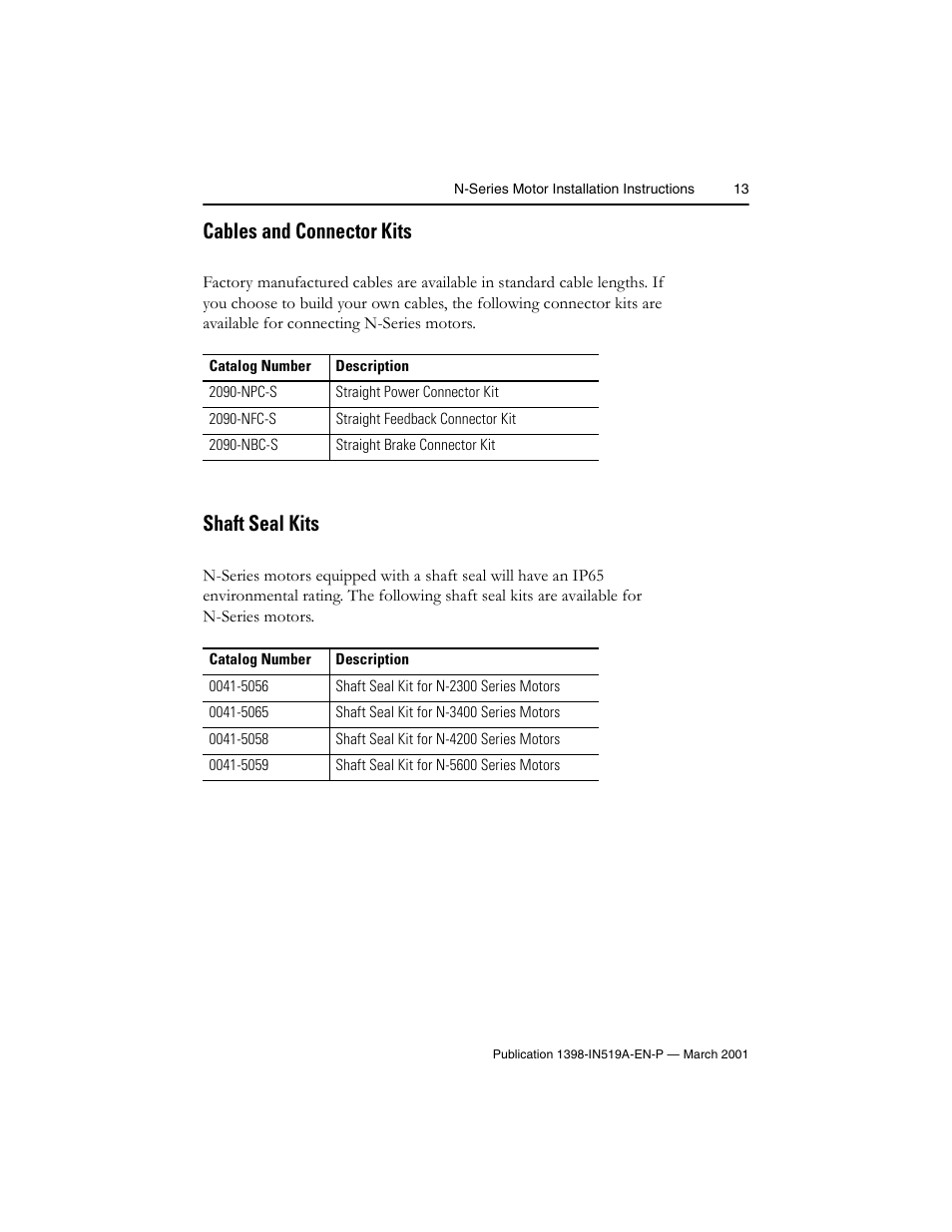 Cables and connector kits, Shaft seal kits | Rockwell Automation N-Series Brushless Servo Motor  User Manual | Page 13 / 16