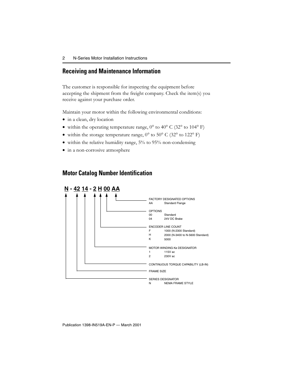 Receiving and maintenance information, Motor catalog number identification | Rockwell Automation N-Series Brushless Servo Motor  User Manual | Page 2 / 16