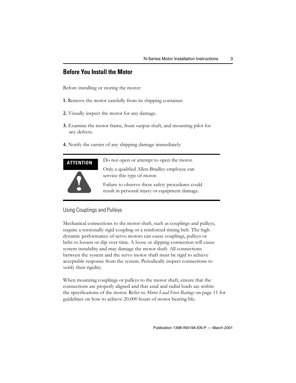 Before you install the motor, Using couplings and pulleys | Rockwell Automation N-Series Brushless Servo Motor  User Manual | Page 3 / 16