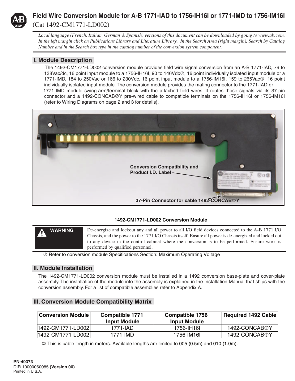 Rockwell Automation 1492-CM1771-LD002 Field Wire Conversion Module User Manual | 4 pages