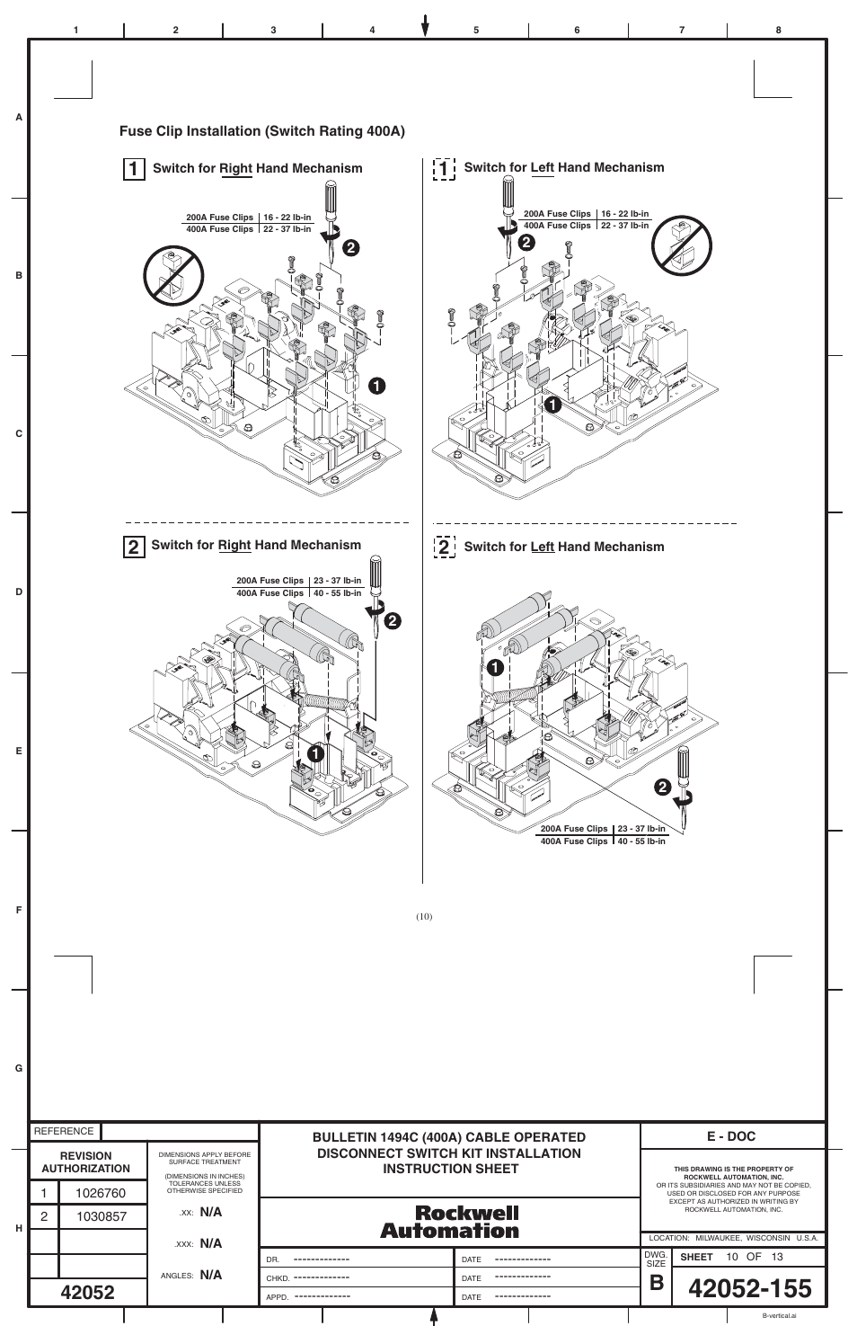 Rockwell Automation 1494C-xxx Series 2 Cable Operated Disconnect Switch (400A) User Manual | Page 10 / 12