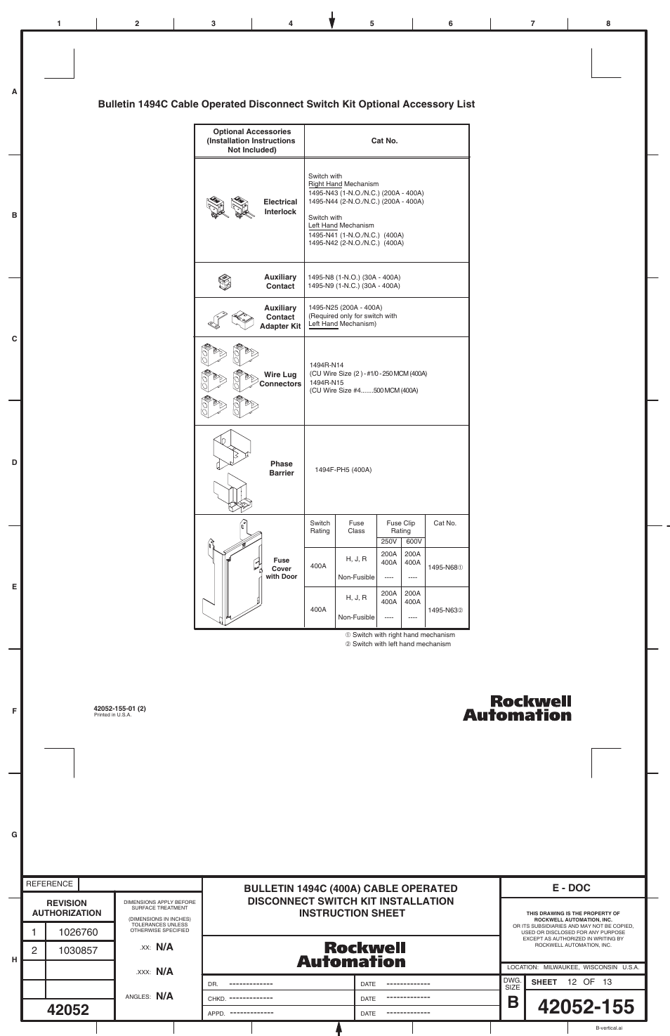 E - doc | Rockwell Automation 1494C-xxx Series 2 Cable Operated Disconnect Switch (400A) User Manual | Page 12 / 12