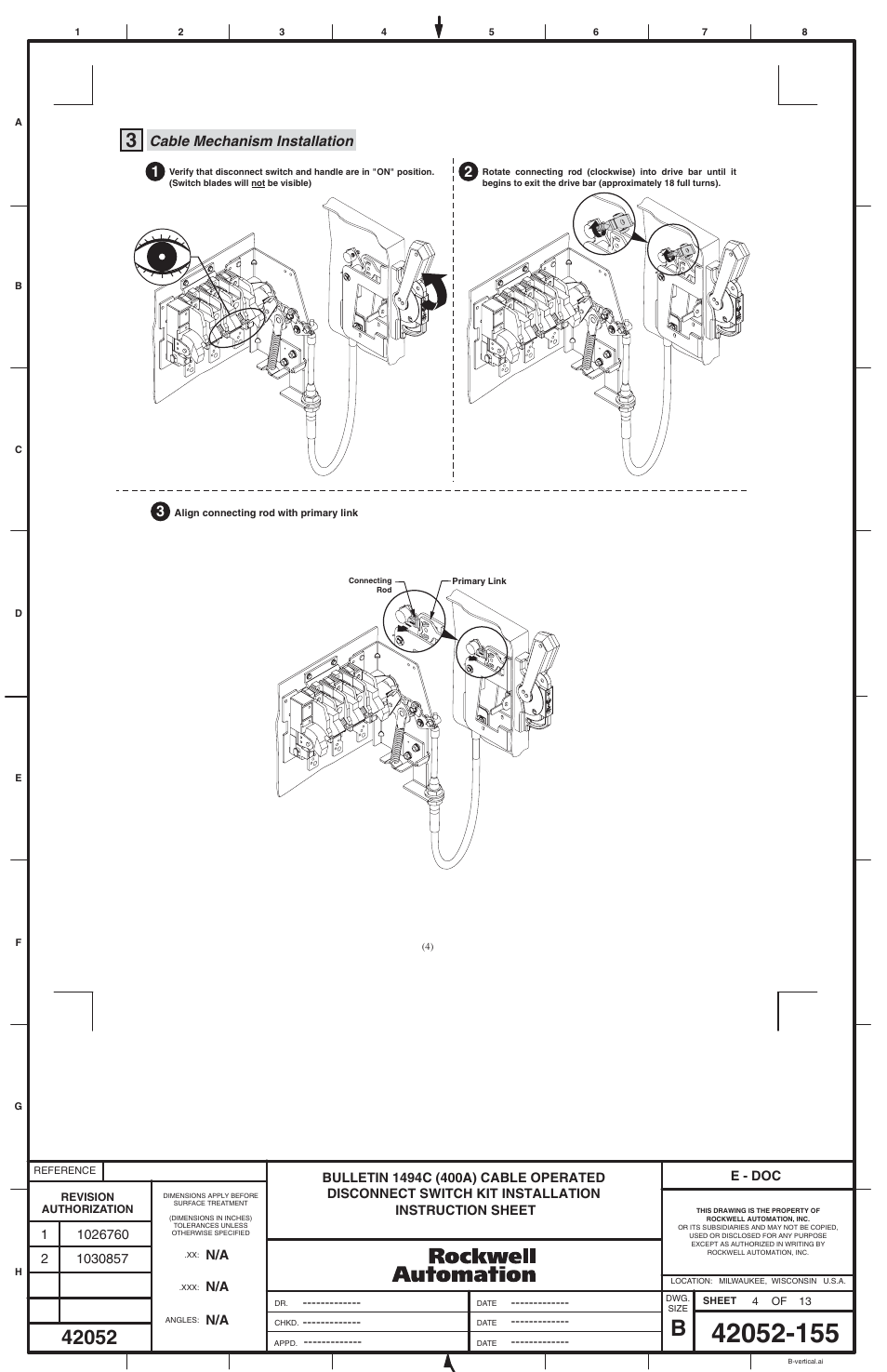 Cable mechanism installation | Rockwell Automation 1494C-xxx Series 2 Cable Operated Disconnect Switch (400A) User Manual | Page 4 / 12