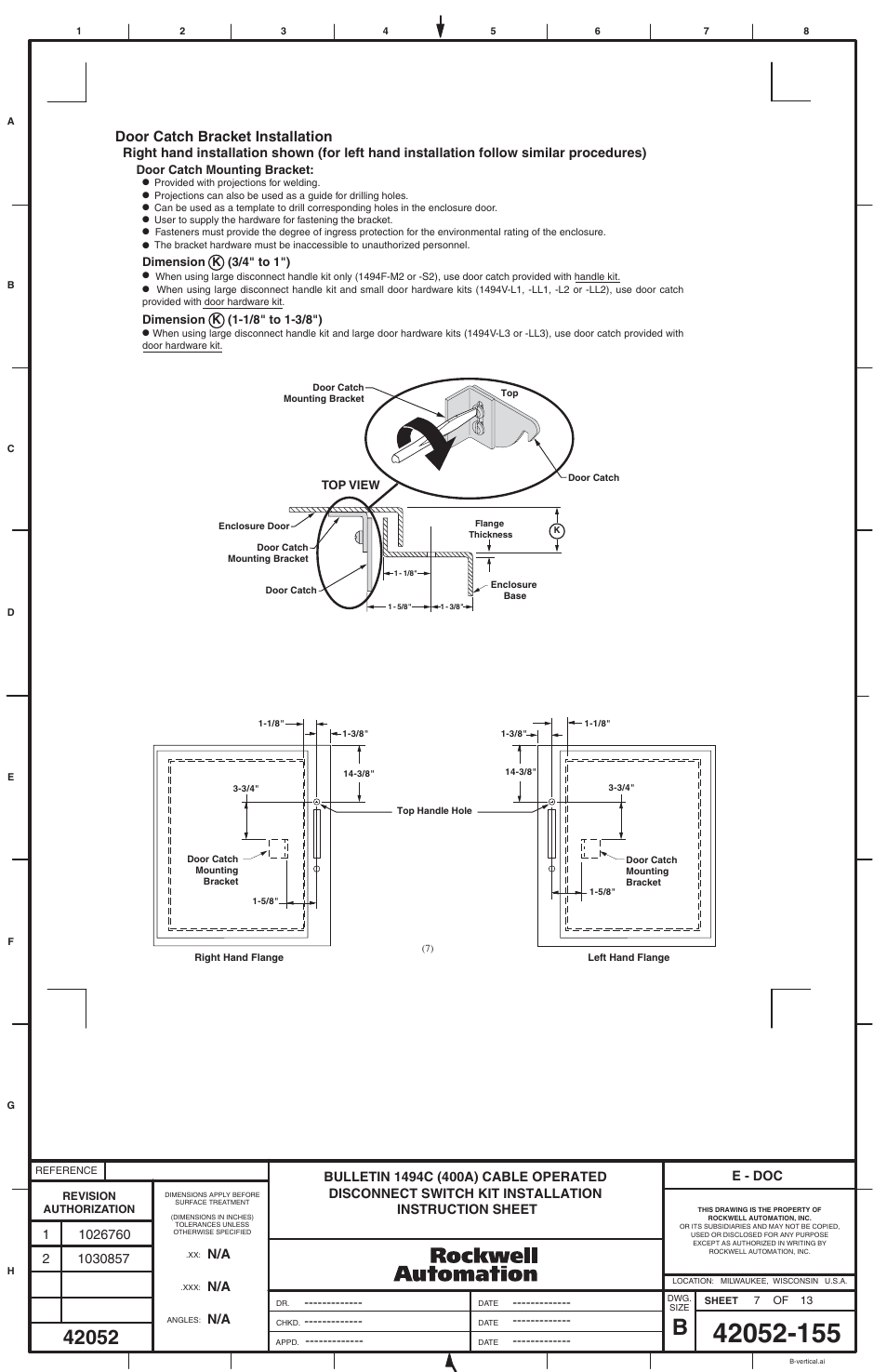Door catch bracket installation | Rockwell Automation 1494C-xxx Series 2 Cable Operated Disconnect Switch (400A) User Manual | Page 7 / 12