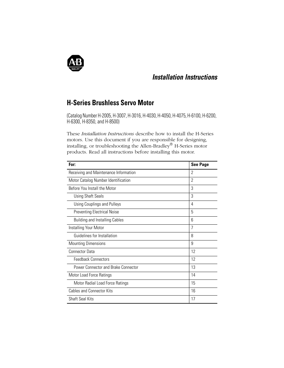 Rockwell Automation H-Series Servo Motor  User Manual | 20 pages