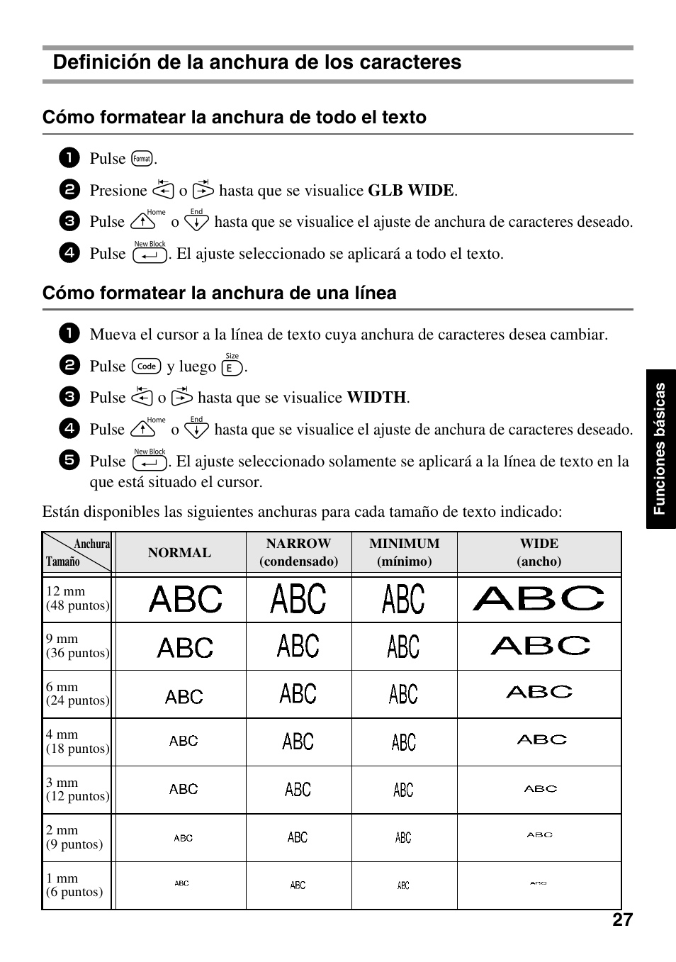 Definición de la anchura de los caracteres, Cómo formatear la anchura de todo el texto, Cómo formatear la anchura de una línea | Pulse t, Pulse g y luego e | Brother 1600/1650 User Manual | Page 109 / 152