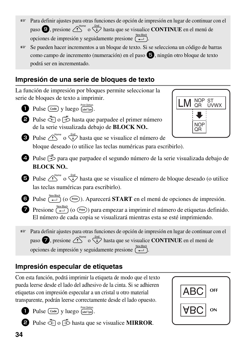 34 impresión de una serie de bloques de texto, Impresión especular de etiquetas | Brother 1600/1650 User Manual | Page 116 / 152