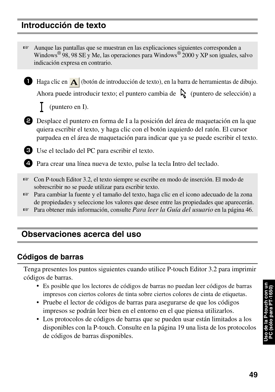 Introducción de texto, Observaciones acerca del uso, Códigos de barras | Brother 1600/1650 User Manual | Page 131 / 152