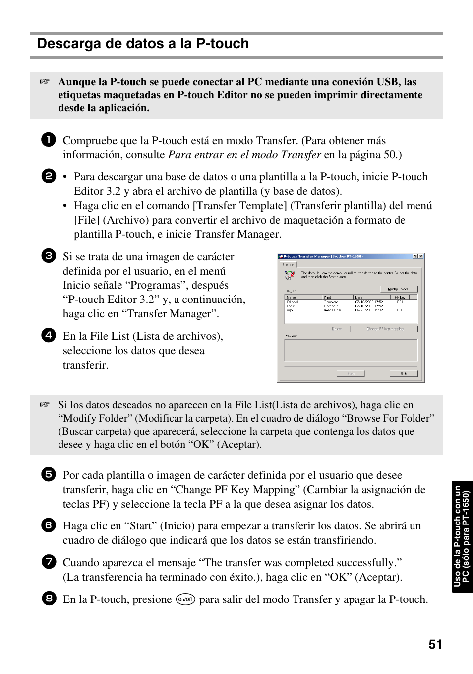 Descarga de datos a la p-touch | Brother 1600/1650 User Manual | Page 133 / 152