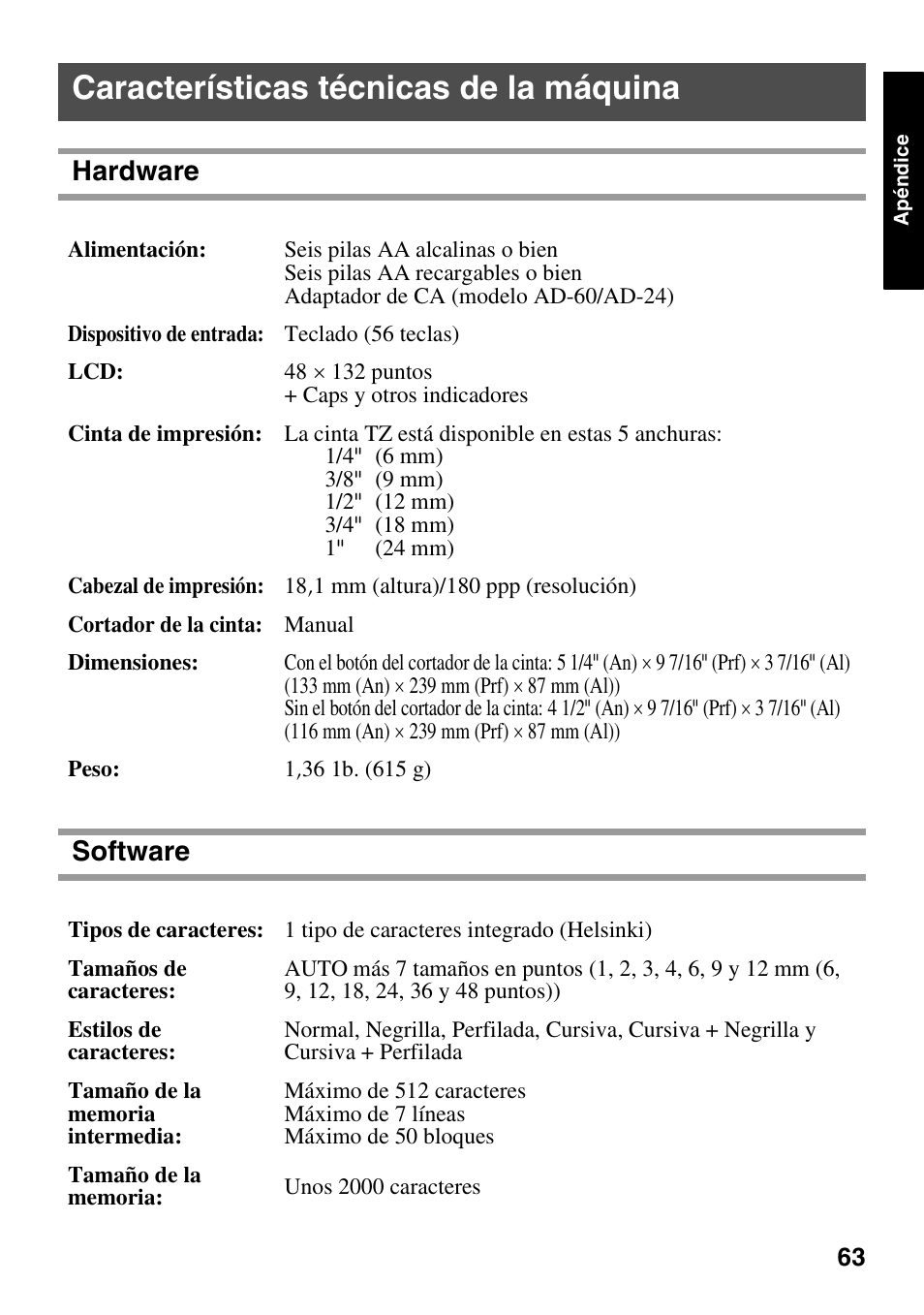 Características técnicas de la máquina, Hardware software | Brother 1600/1650 User Manual | Page 145 / 152
