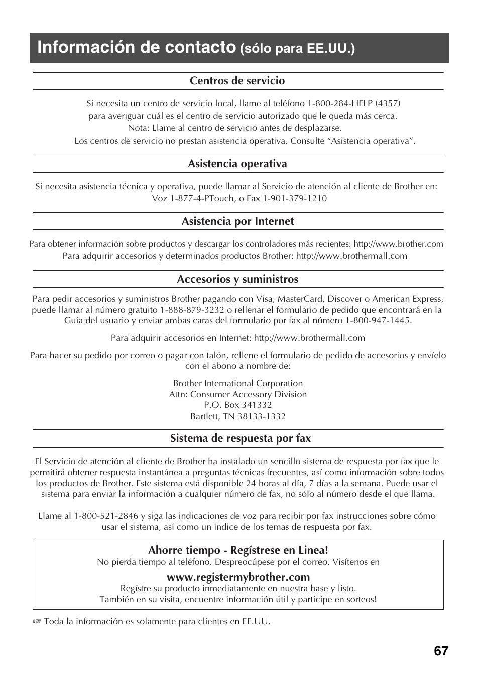 Información de contacto, Sólo para ee.uu.) | Brother 1600/1650 User Manual | Page 149 / 152