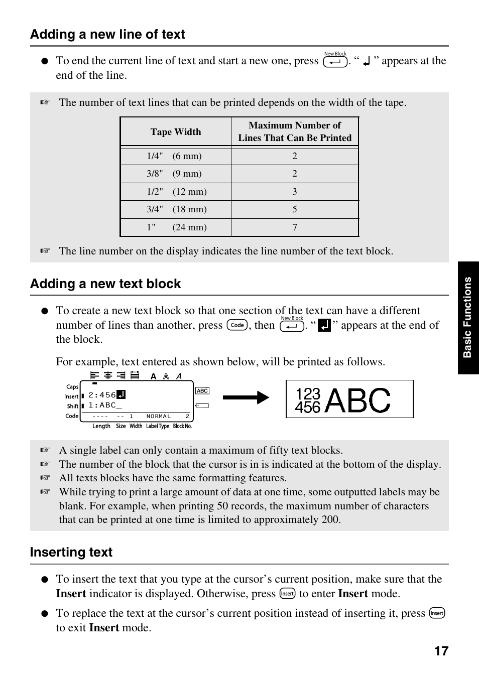 Adding a new line of text, Adding a new text block, Inserting text | Brother 1600/1650 User Manual | Page 25 / 152