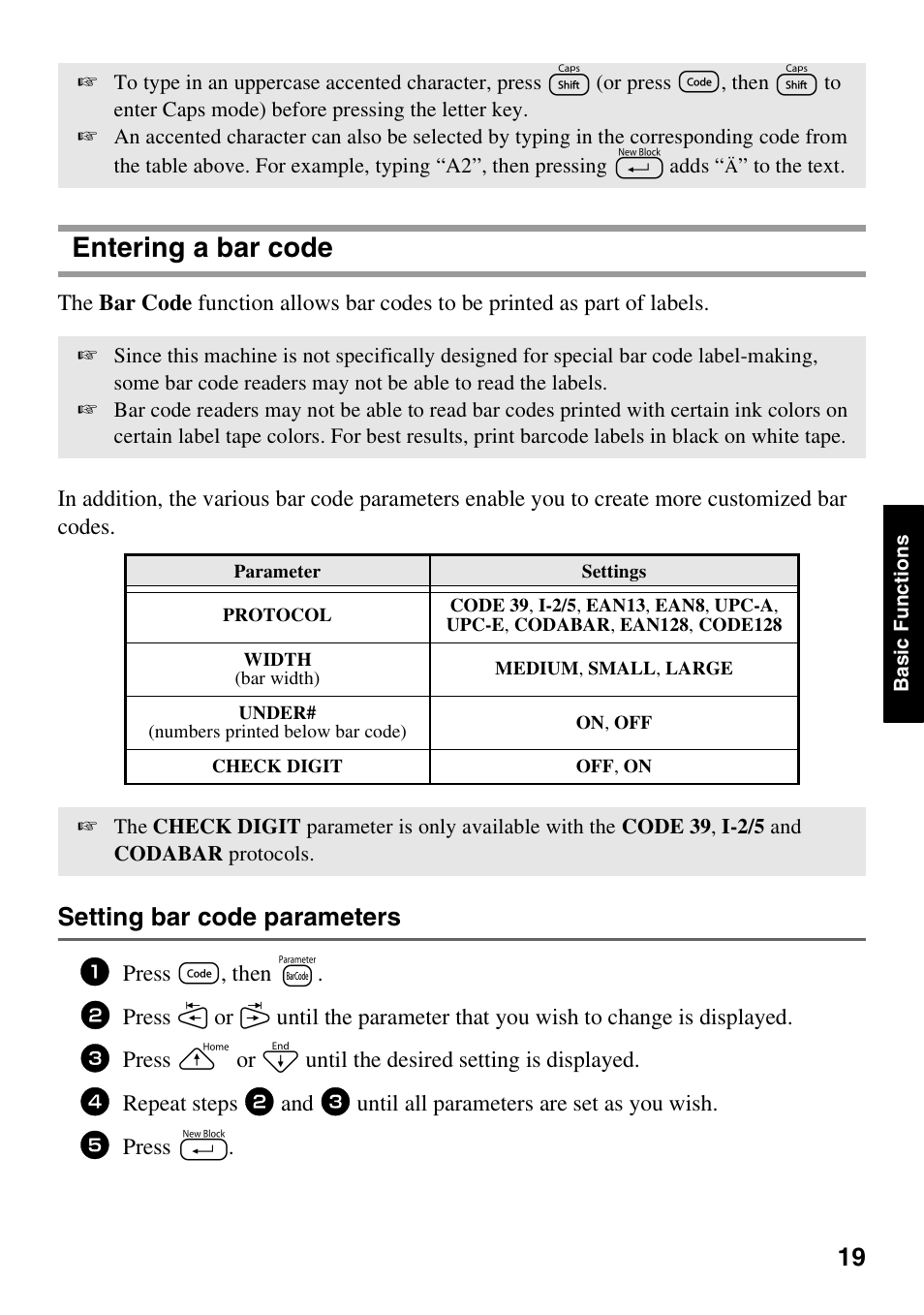 Entering a bar code, Setting bar code parameters | Brother 1600/1650 User Manual | Page 27 / 152