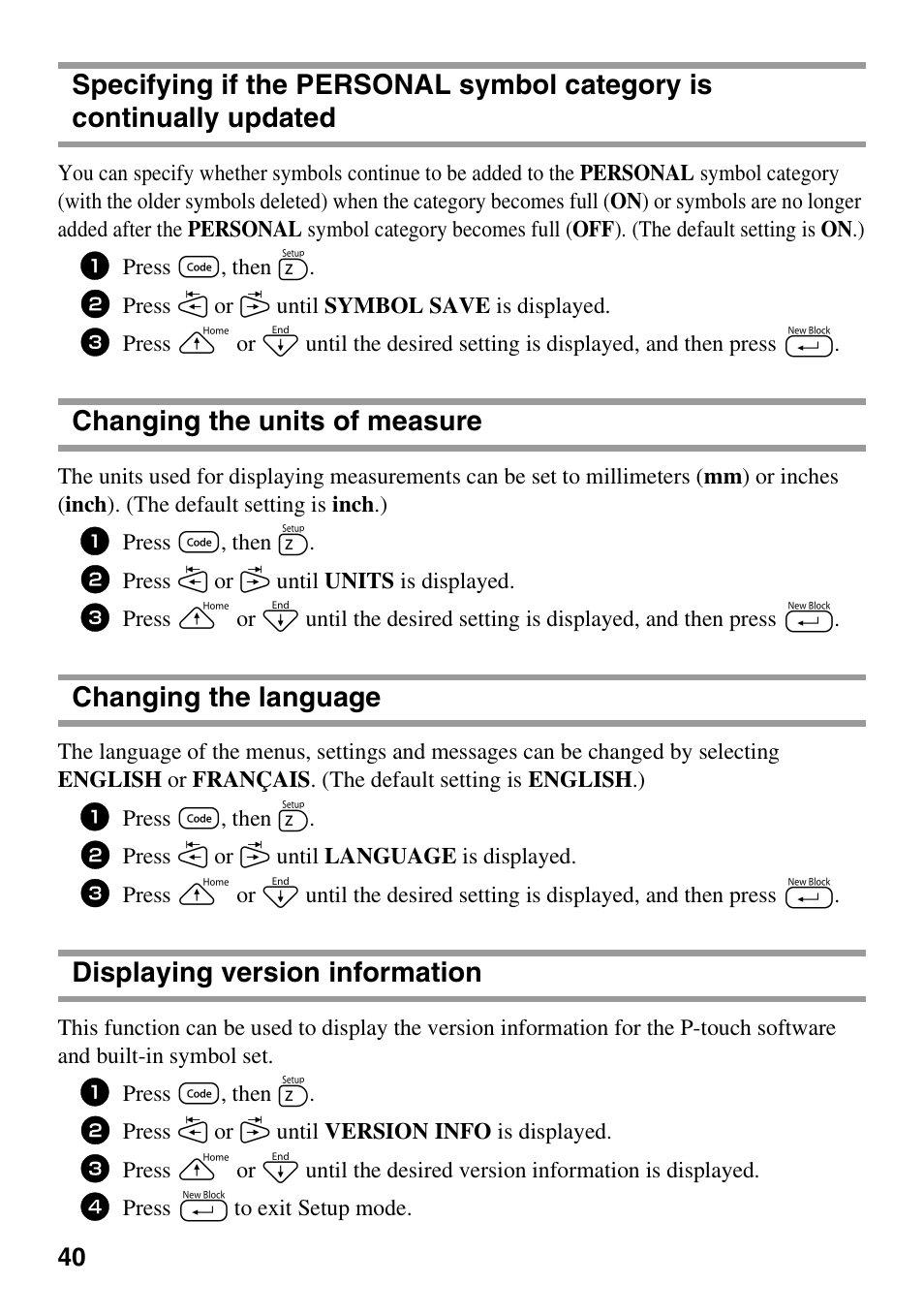 Changing the units of measure, Changing the language, Displaying version information | Brother 1600/1650 User Manual | Page 48 / 152