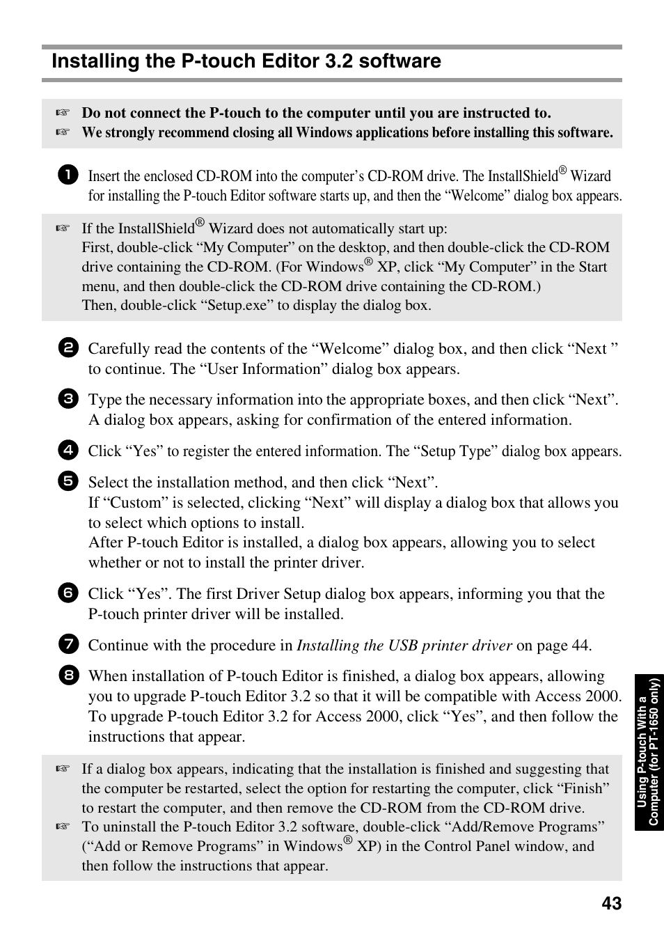 Installing the p-touch editor 3.2 software | Brother 1600/1650 User Manual | Page 51 / 152