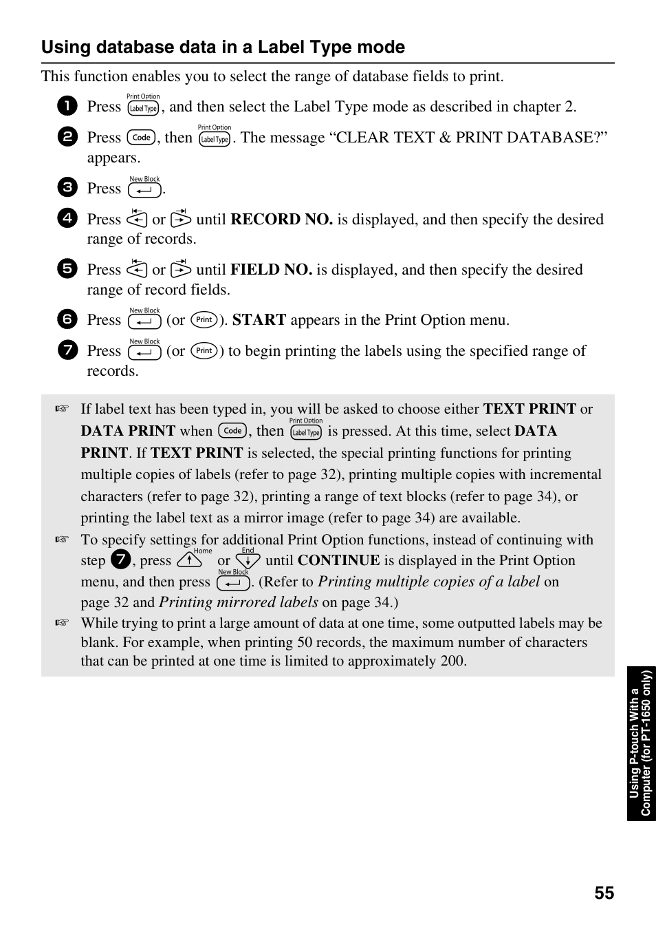 Using database data in a label type mode | Brother 1600/1650 User Manual | Page 63 / 152