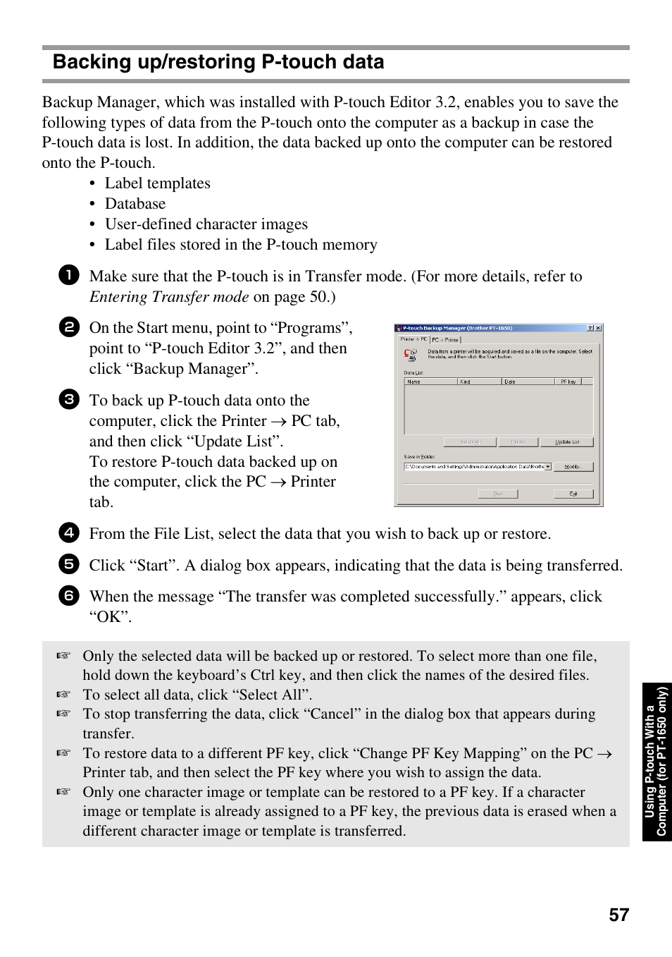 Backing up/restoring p-touch data | Brother 1600/1650 User Manual | Page 65 / 152