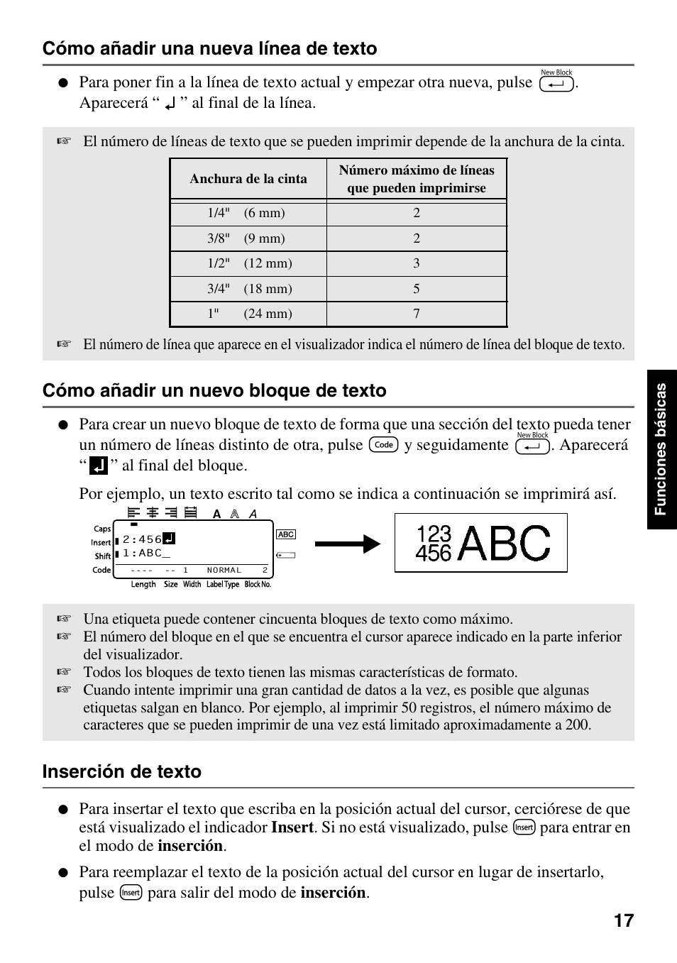 Cómo añadir una nueva línea de texto, Cómo añadir un nuevo bloque de texto, Inserción de texto | Brother 1600/1650 User Manual | Page 99 / 152