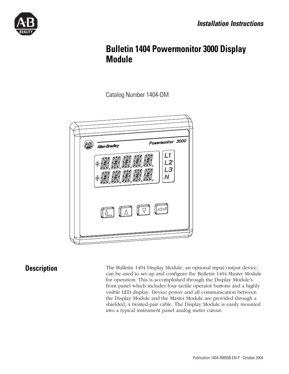 Rockwell Automation 1404-DM PowerMonitor 3000 Display Module User Manual | 4 pages