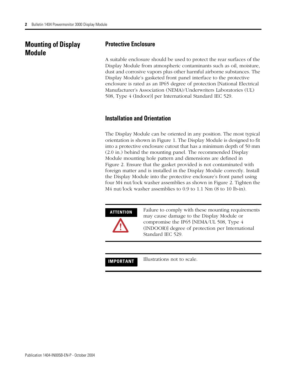 Mounting of display module, Protective enclosure, Installation and orientation | Rockwell Automation 1404-DM PowerMonitor 3000 Display Module User Manual | Page 2 / 4