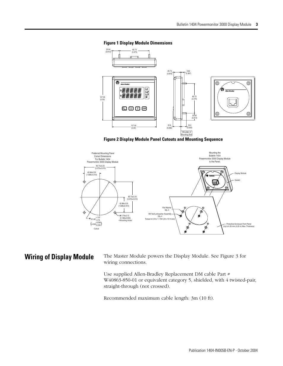 Wiring of display module, Figure 1 display module dimensions | Rockwell Automation 1404-DM PowerMonitor 3000 Display Module User Manual | Page 3 / 4