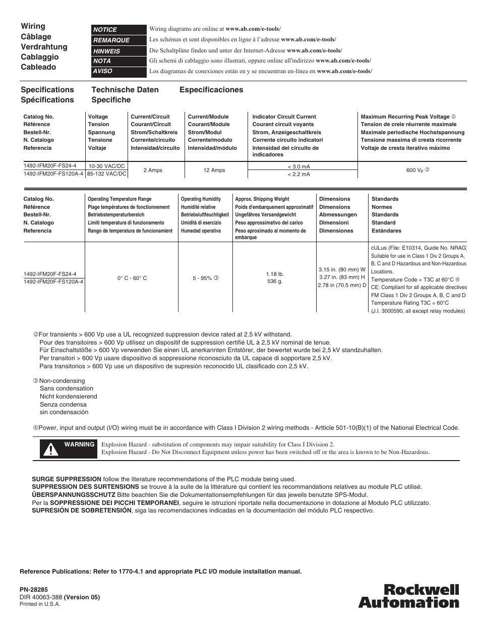 Technische daten specifiche especificaciones | Rockwell Automation 1492-IFM20F-xxx 8 Point 2-Group Isolated Fusible Interface Module for Inputs User Manual | Page 4 / 4